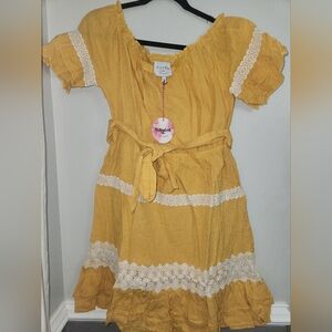 Hayden Mustard Midi Dress with Lace Trim